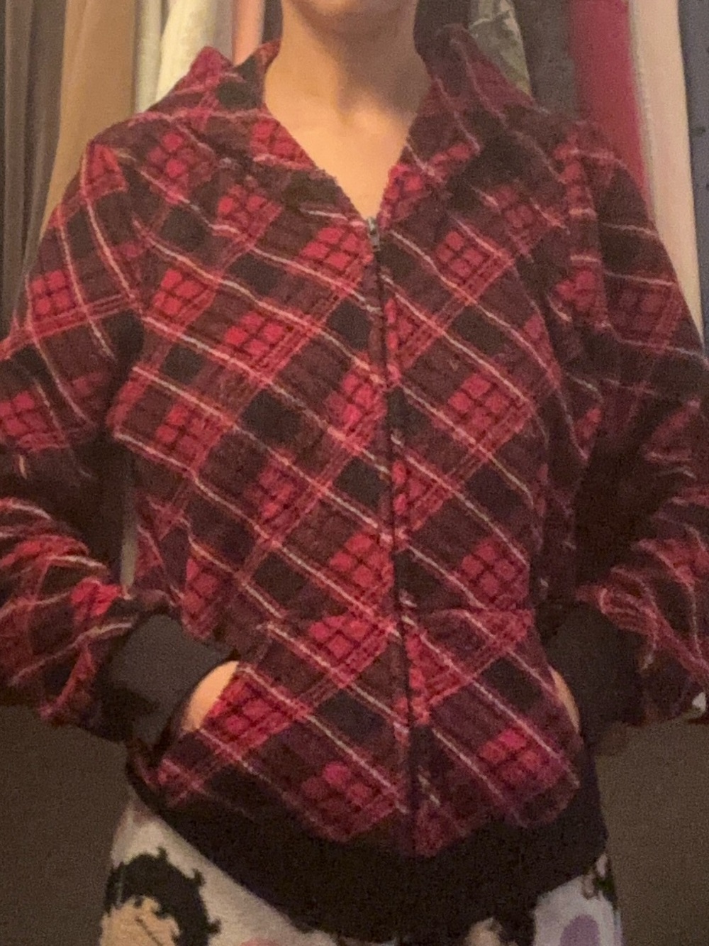 size medium energie pink and black plaid zip up hoodie